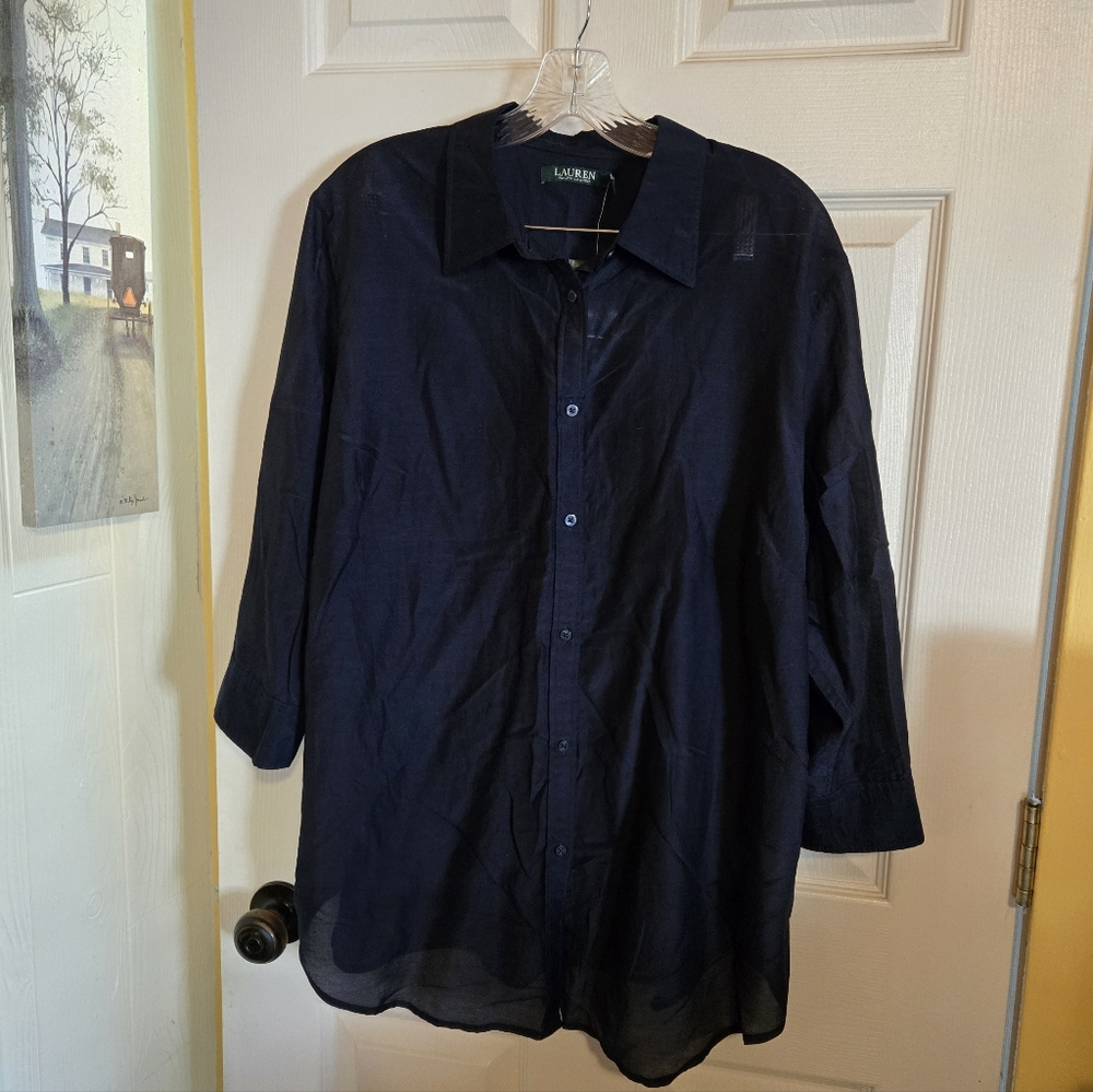 Lauren Ralph Lauren Long Sleeve Silk Blouse Navy Classic Size 2X